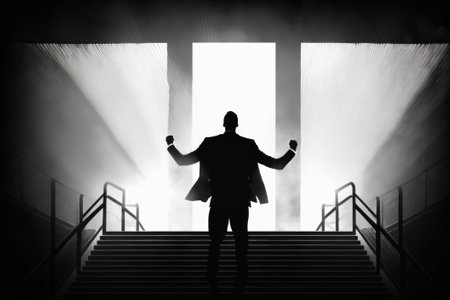 Silhouette of a successful businessman standing on the stairs with raised hands.の素材