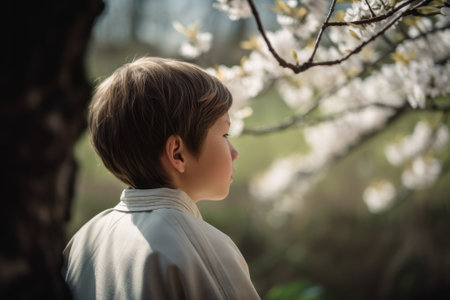 Back view of a boy standing in front of a blooming cherry tree in the springの素材
