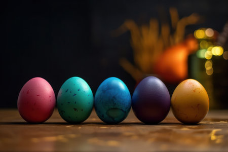 Colorful easter eggs on a wooden table with a blurred backgroundの素材