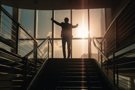 Silhouette of a successful businessman standing on the stairs with raised hands.の素材
