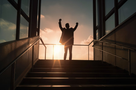 Silhouette of a successful businessman standing on the stairs with raised hands.の素材