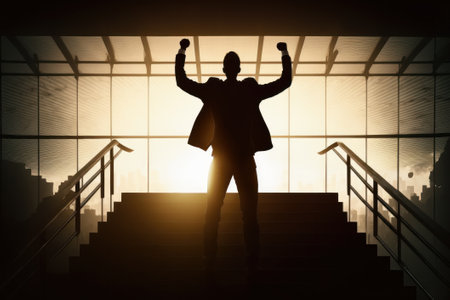 Silhouette of a successful businessman standing on the stairs with raised hands.の素材