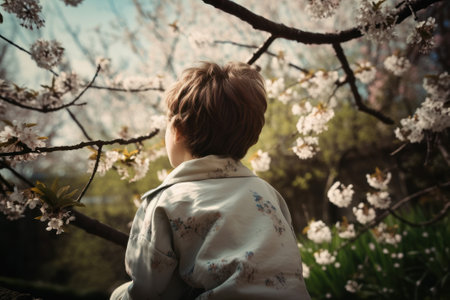Back view of a boy standing in front of a blooming cherry tree in the springの素材