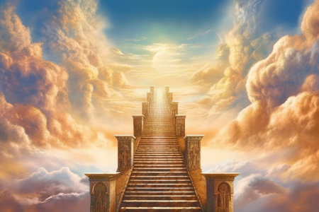 Conceptual image of an entrance to heaven with a stairway leading to heaven or hell.の素材