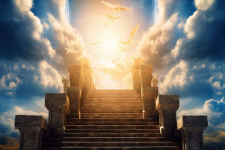 Conceptual image of an entrance to heaven with a stairway leading to heaven or hell.の素材