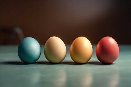 Colored easter eggs in a row on a wooden table.の素材