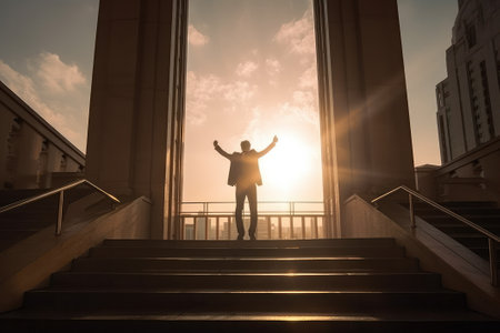 Silhouette of a successful businessman standing on the stairs with raised hands.の素材