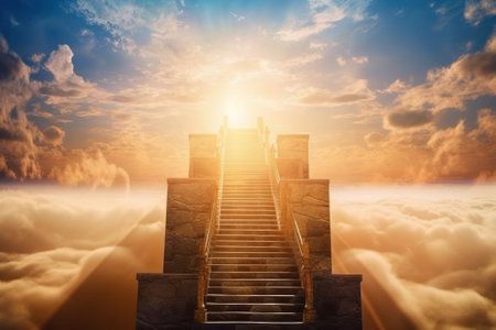 Conceptual image of an entrance to heaven with a stairway leading to heaven or hell.の素材