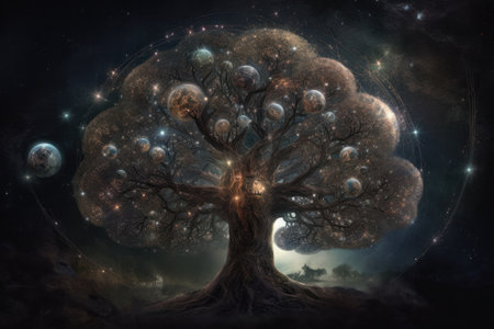 Beautiful magic tree in the night sky. Illustration of a fantasy tree., Generative Aiの素材
