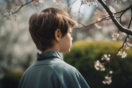 Back view of a boy standing in front of a blooming cherry tree in the springの素材