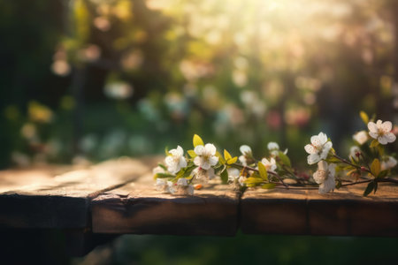 Blossoming branch of cherry tree on a wooden table in the gardenの素材