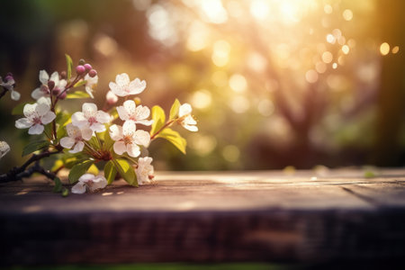 Wooden table with cherry blossom flowers in spring time. Selective focusの素材