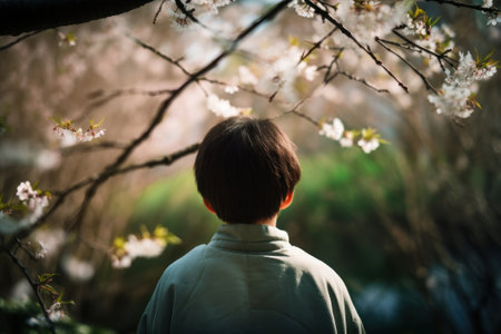 Back view of a boy standing in front of a blooming cherry tree in the springの素材