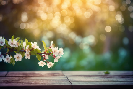 Wooden table with spring blossom and bokeh background.の素材