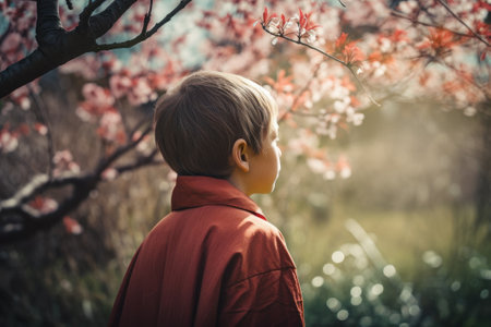 Back view of a boy standing in front of a blooming cherry tree in the springの素材