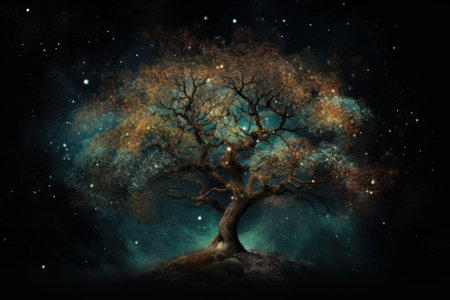 Beautiful magic tree in the night sky. Illustration of a fantasy tree.の素材
