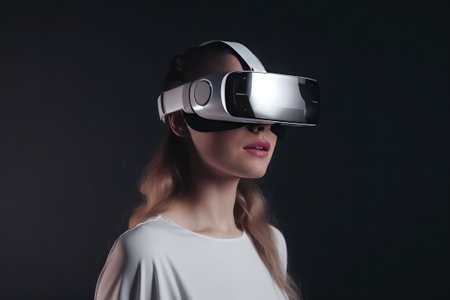 Portrait of a young woman in virtual reality headset. Future technology concept.の素材