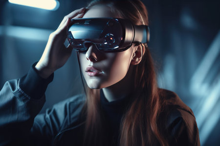 Young woman wearing virtual reality goggles. Future technology concept.の素材