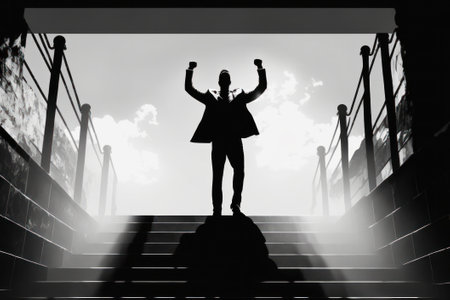 Silhouette of a successful businessman standing on the stairs with raised hands.の素材