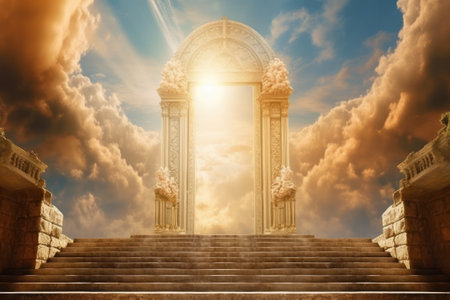 Beautiful stairway to heaven with sky and sun. 3d renderingの素材