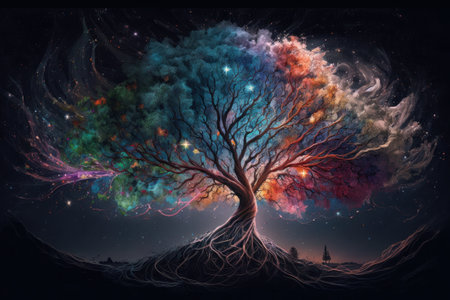 Beautiful magic tree in the night sky. Illustration of a fantasy tree.の素材