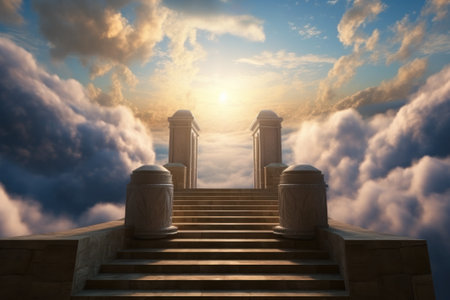 Conceptual image of an entrance to heaven with a stairway leading to heaven or hell.の素材