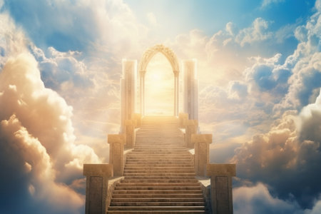 Conceptual image of an entrance to heaven with a stairway leading to heaven or hell.の素材