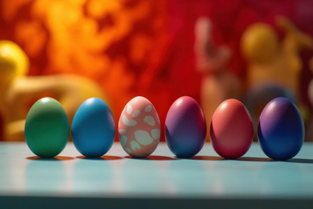 Colourful easter eggs on a table with blurred background., Generative Aiの素材