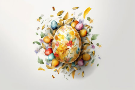 Colourful Easter eggs and flowers on white background. 3d illustrationの素材