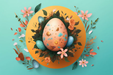 Easter egg with floral decoration on blue background. 3d illustrationの素材