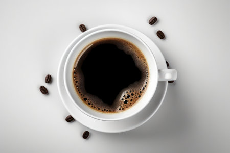 Coffee cup and coffee beans on white background, top viewの素材