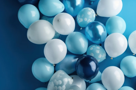 Bunch of blue and white balloons on blue background, top viewの素材