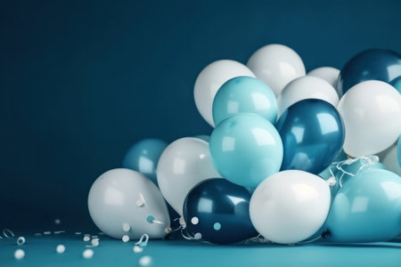 Blue and white balloons on blue background with copy space for your textの素材