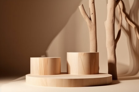 The abstract scene with a wooden podium for product presentation. Mock-up, 3D Renderingの素材