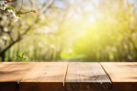 Wooden table background with spring blossom tree in the garden.の素材