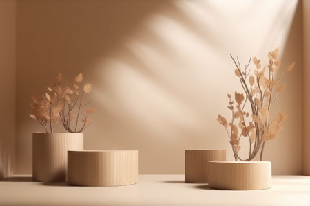3d render of beige minimal product display podium with autumn leaves. Minimalist pedestal stand for cosmetic products.の素材