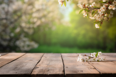 Wooden table with spring blossom background. Empty space for textの素材