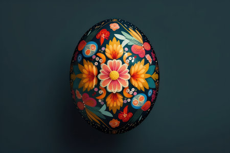 Easter egg with floral pattern on a dark background, top viewの素材