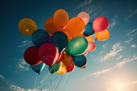 Colourful balloons on blue sky background, vintage toned picture.の素材