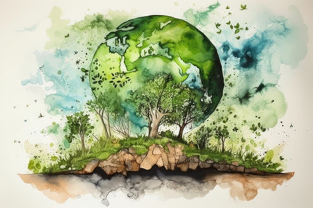 Watercolor illustration of green planet with trees and clouds on watercolor backgroundの素材