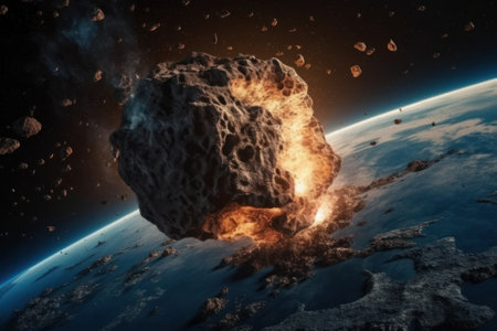 An asteroid hitting the earth, falling from the sky, causing a huge impact, in the style of photorealistic pastiche, eroded surfaces, abstract expressionist explosionsの素材