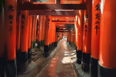 Fushimi Inari Taisha Shrine in Kyoto, Japan. in the style of digital painting, concept artの素材