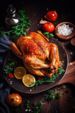 Roasted whole chicken with herbs and spices on a wooden table.の素材