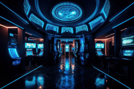 Futuristic luxury casino interior with neon lights, Night club. Blue colourの素材
