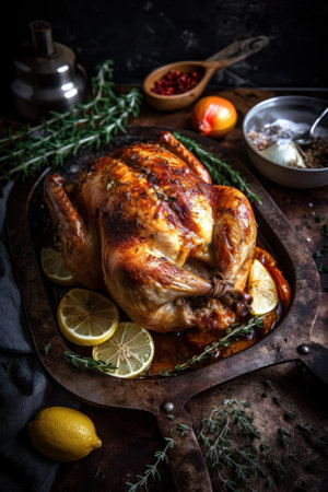 Whole roasted chicken with lemon, thyme and spices on dark backgroundの素材