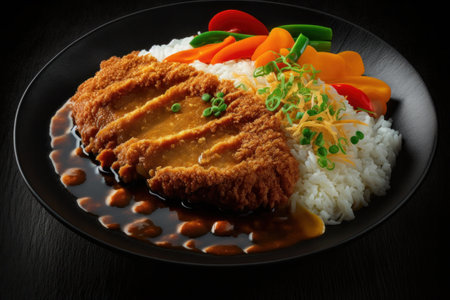 Japanese pork cutlet with rice and vegetables on a black plate.の素材
