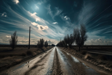 Wet road in the countryside. Dramatic sky with clouds.の素材