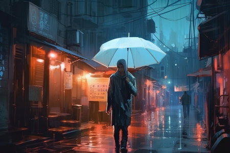 A man in a raincoat and an umbrella walks along the street at night. Concept art, illustration style, Digital drawing, Cyberpunkの素材