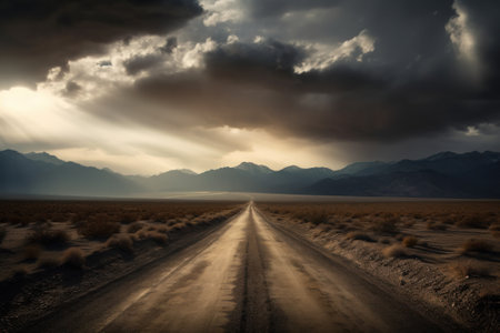 Desert Road in California, USA. Dramatic sky and clouds.の素材