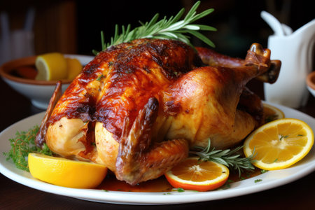 Roast chicken with lemon and rosemary on a wooden table.の素材